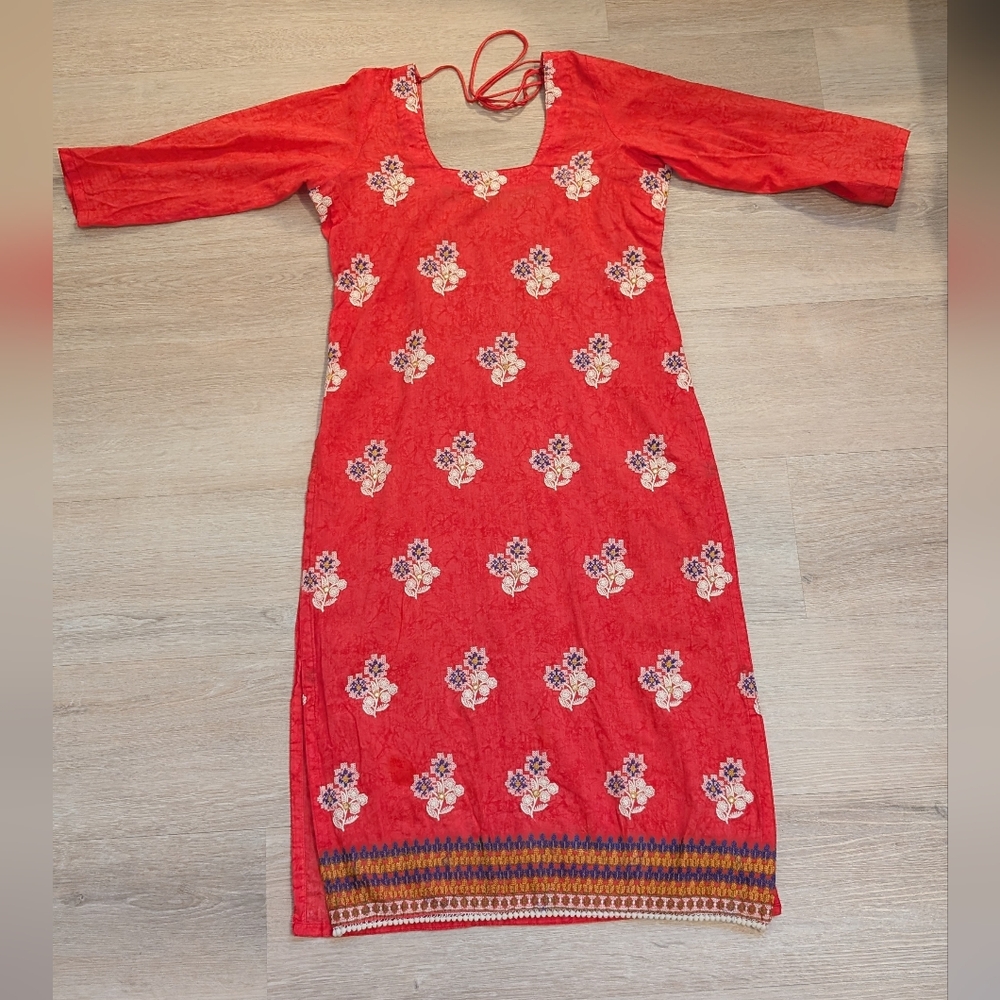 Red Embroidered Cotton Kurta Dress Floral India Midi